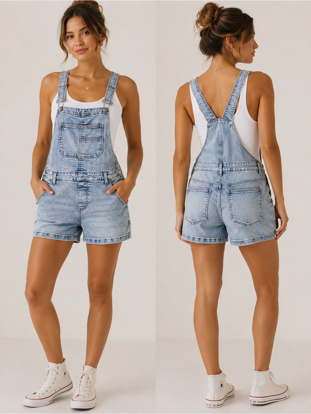 Light Blue Denim Short Overalls for Women